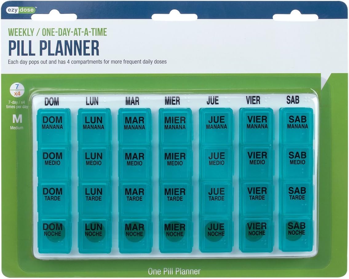 Ezy Dose Travel (7-Day) Pill, Medicine, Vitamin Organizer Box | Weekly, 4 Times a Day, AM PM | Large Removable Compartments | Assorted Colored Lids: Health & Personal Care