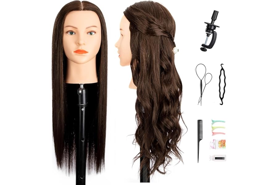 Mannequin Head with 80% Human Hair,26″-28″ Cosmetology Human Hair Mannequin Head Hairdressers Practice Doll Head for Hair stly with Free Clamp Holder (#4 Dark Brown)
