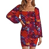 OKIFOIR Women Long Sleeve Floral Print Mini Fall Dress Square Neck Bodycon Ruched Cocktail Party Homecoming Dresses 2026