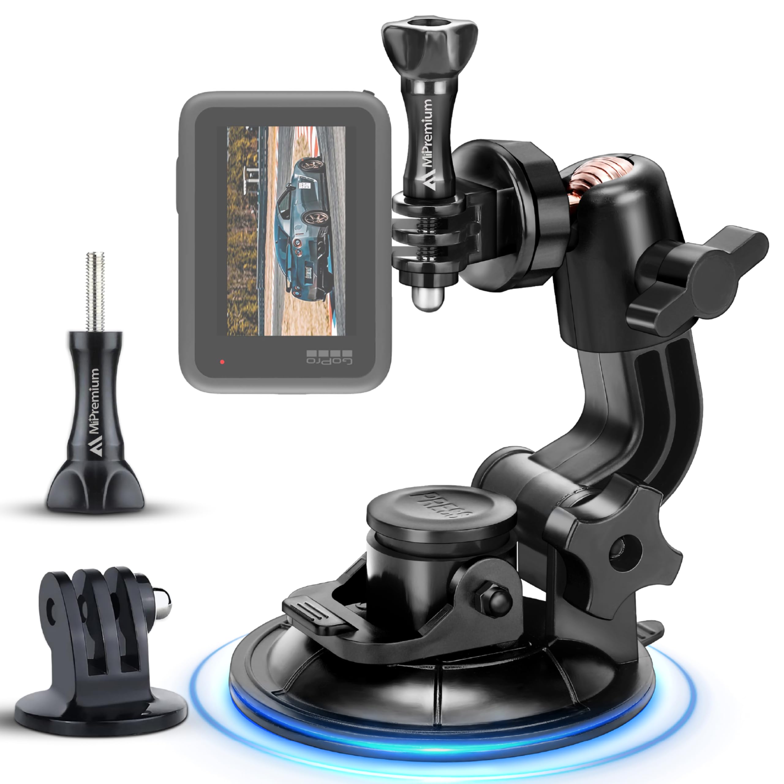 MiPremium Car Suction Cup Mount for GoPro Hero 13 12 11 10 9 8 7 6 5 4 3 3+ 2 Session Black Silver XIAOYI 4K SJCAM Yi Sports Action Camera Dash Cam holder perfect for Boats Vehicle Windshield & Window