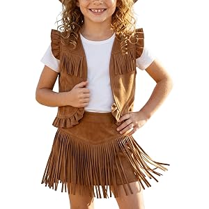 Toddler Cowgirl Outfit - Faux Suede Fringe Vest & Skirt, Short Sleeve Shirt | 3 Piece Outfits, Sizes 3T to 9 Years, Bohemian