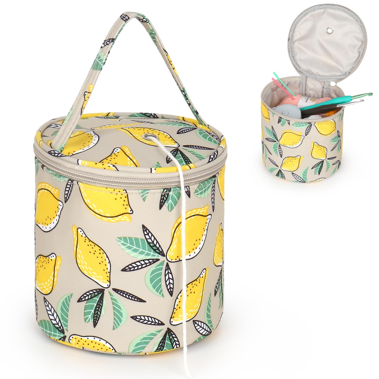 Aeelike Small Portable Knitting Bag, Yarn Bag with Hole for Beginners and Kids, Yarn Storage Organiser Bag for Storing Wool, Hooks and Accessories, Wool Holder Bag for Knitting & Crochet, Yellow Lemon