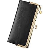 GOIACII Womens Wallet Ladies Vintage Billfold Compact Card Holder Long Zip Clutch Purse with Kiss Lock Black