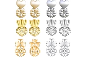 WAHBITE 6 Pairs Earring Lifters, Adjustable Hypoallergenic Earring Secure Backs, 18K Gold Plated, Sterling Silver, Heart-Shaped, Crown & Clover Style