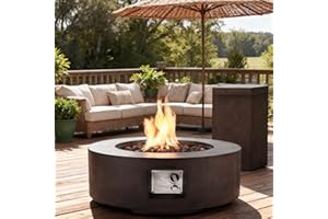 ECOTOUGE 2-Piece Gas Fire Pit, Outdoor Propane Firepit Table Set w/Tank Cover, 30''Auto-Ignition Round Steel Fire Table, 50,000 BTU Concrete fire Pit w/Weather-Resistant Pit Cover, Lava Rocks, Brown