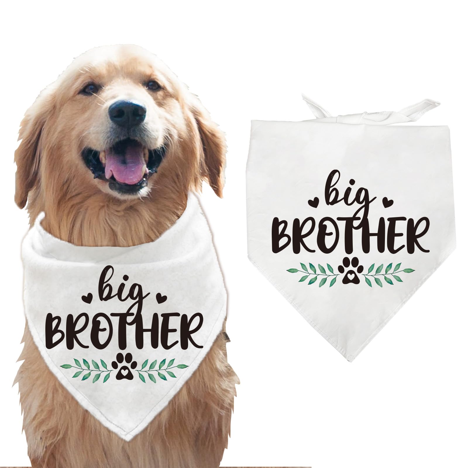 arricraft 1 Pc Pet Dog Bandana, White Cotton Triangle Pet's Bandana "Big Brother" Words Plant Washable Scarf Bibs Accessories Chief for Large Dogs and Pets Gifts 55x55x78cm