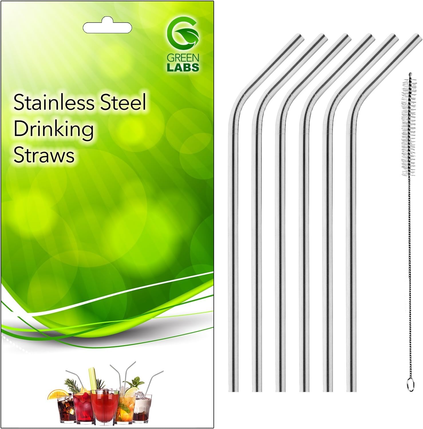 GreenLabs Stainless Steel Drinking Straws, Reusable, Set of 6 + Cleaning Brush