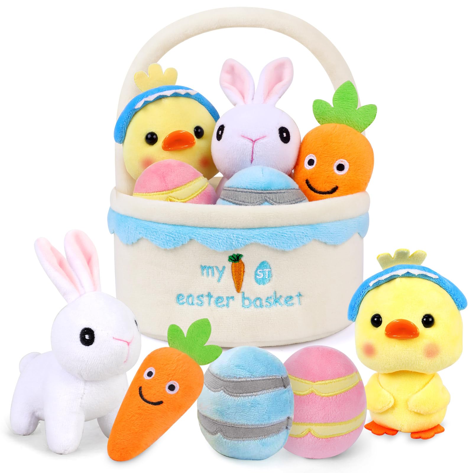 ZHZHHJMY 6 Pcs My First Easter Basket Plush Playset, Baby Easter Baskets for Kids Already Filled with Bunny Chick Egg Carrot, Easter Toys & Gifts for Baby Toddler Kids Boys & Girls