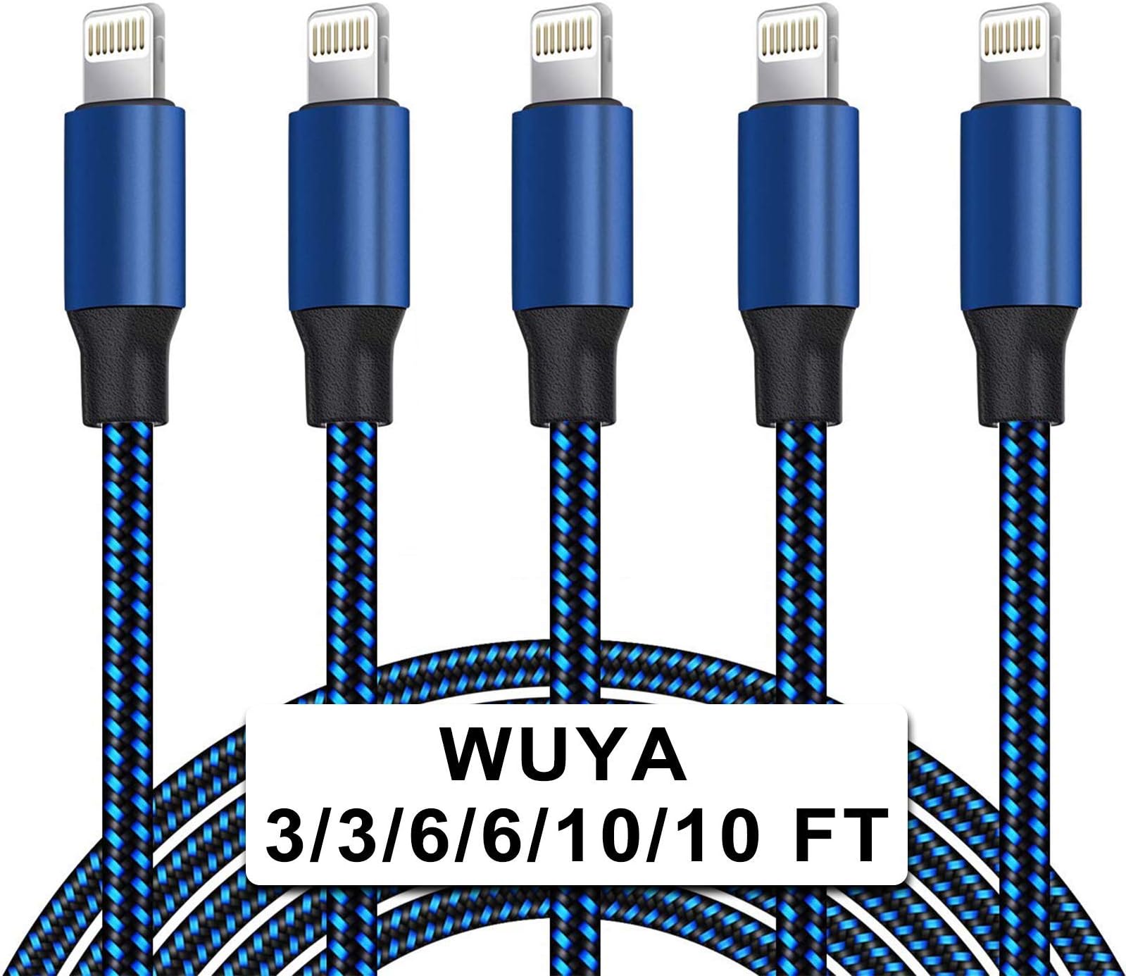 WUYA iPhone Charger, MFi Certified Lightning Cable 5 Pack (3/3/6/6/10FT) Nylon Woven with Metal Connector Compatible iPhone Xs Max/X/8/7/Plus/6S/6/SE/5S iPad - Black&Blue