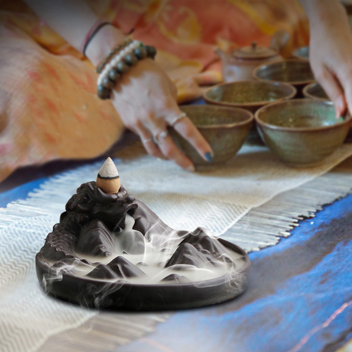 Jeteven Dragon Backflow Incense Burner with Cones Ceramic Dragon Incense Holder \'\'Dragon Mountain\'\' 12.2 x 5.2cm