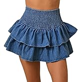 Loafawes Womens Shirred Mini Skirt 2025 Trendy Ruffle Tiered Layer Smocked Pleated A Line Y2k Short Denim Skirts