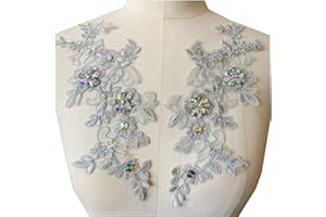 Zbroh Fine Lace Fabric Patches Embroidered Rhinestones Trim Applique Decor Dress Decoration sew on Sequins Beads Accessory one Pair (Gray)