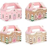 Whaline 24Pcs Christmas Treat Boxes with Handles Pink Gingerbread House Goodie Candy Bags Xmas Gable Paper Gift Containers for Cookie Snack Present Party Favor Supplies, 4 Designs