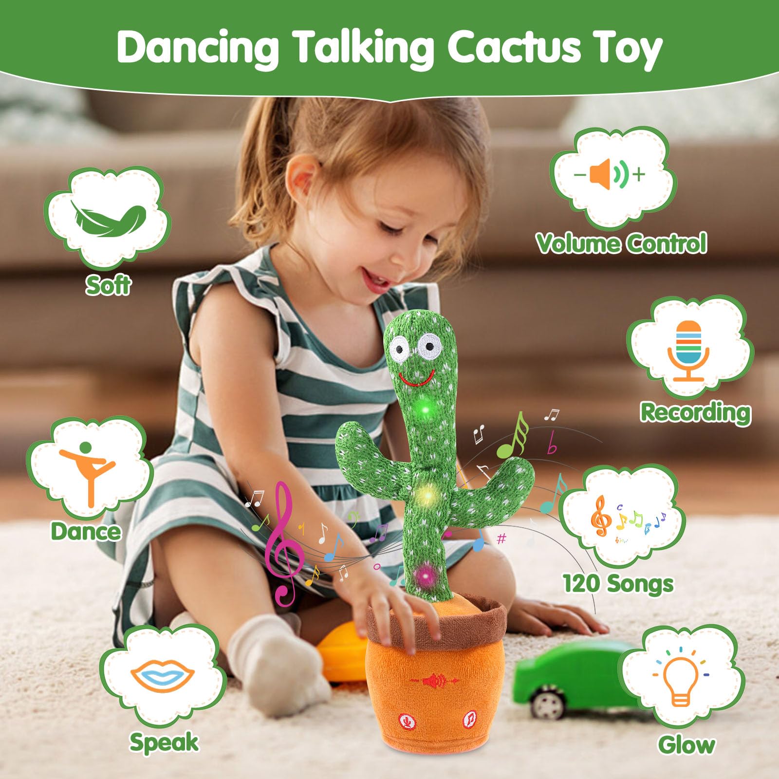 MIAODAM Dancing Talking Cactus Toy for Baby Toddler, Colorful Glowing Repeating What You Say, Singing Talking Toy 120 Pcs Songs for Baby Dancing Cactus Mimicking Toys