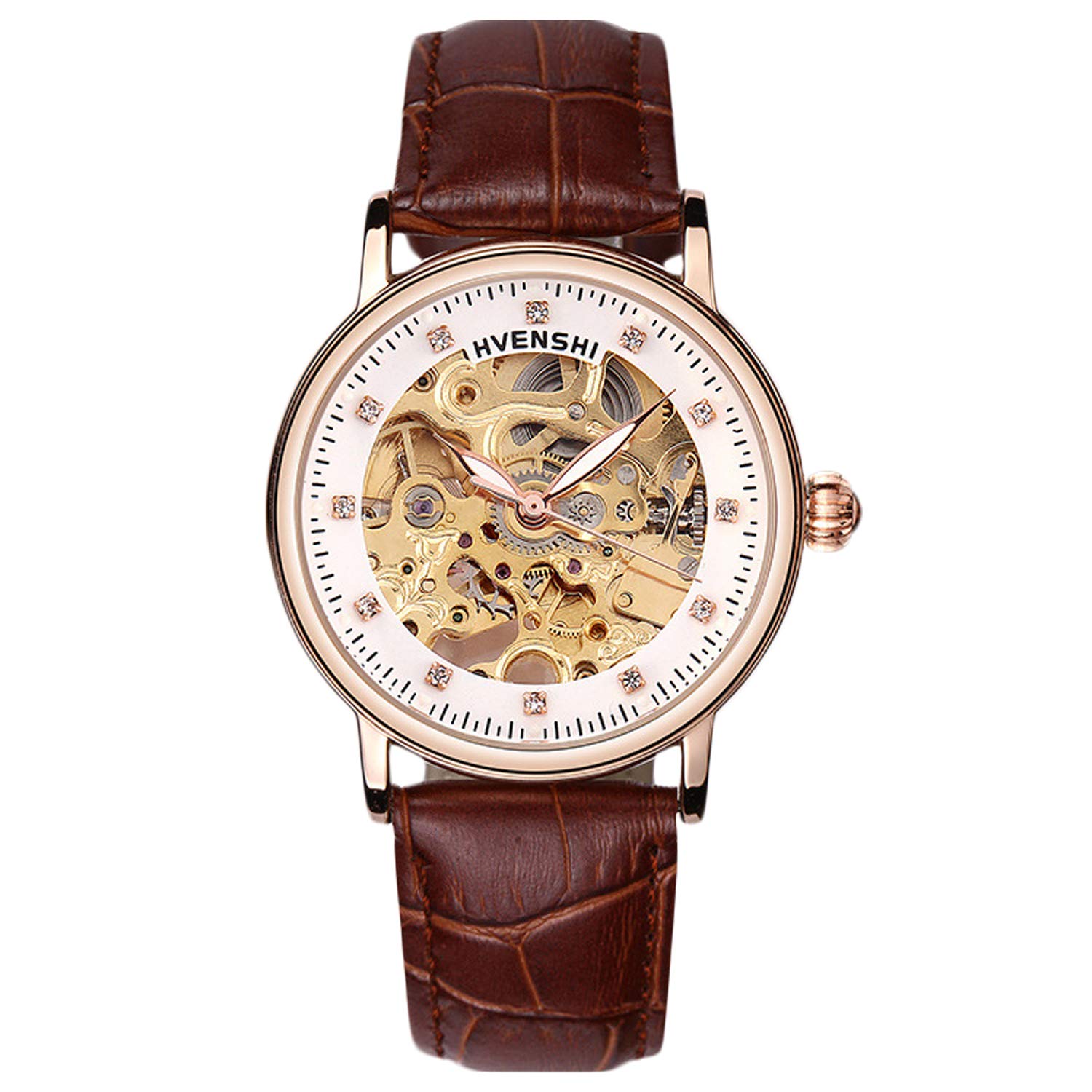 RORIOS Automatic Mechanical Watch for Women Luminous Simulated Diamond Skeleton Ladies Watches, Brown B, Strap