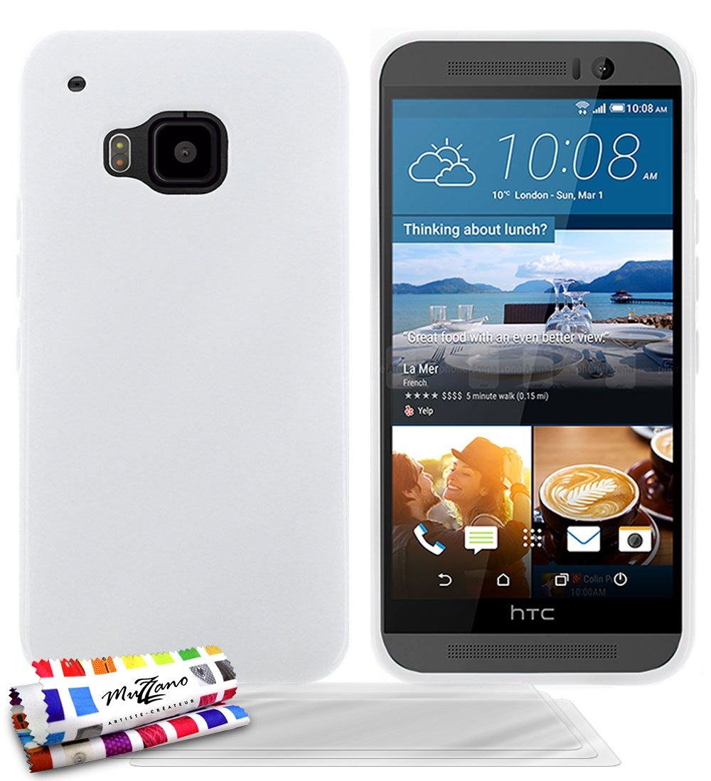 MUZZANO Original Le Glossy Hybrid Flexible Shell with 3 Ultra Clear Screen Protective Films for HTC M9 - White