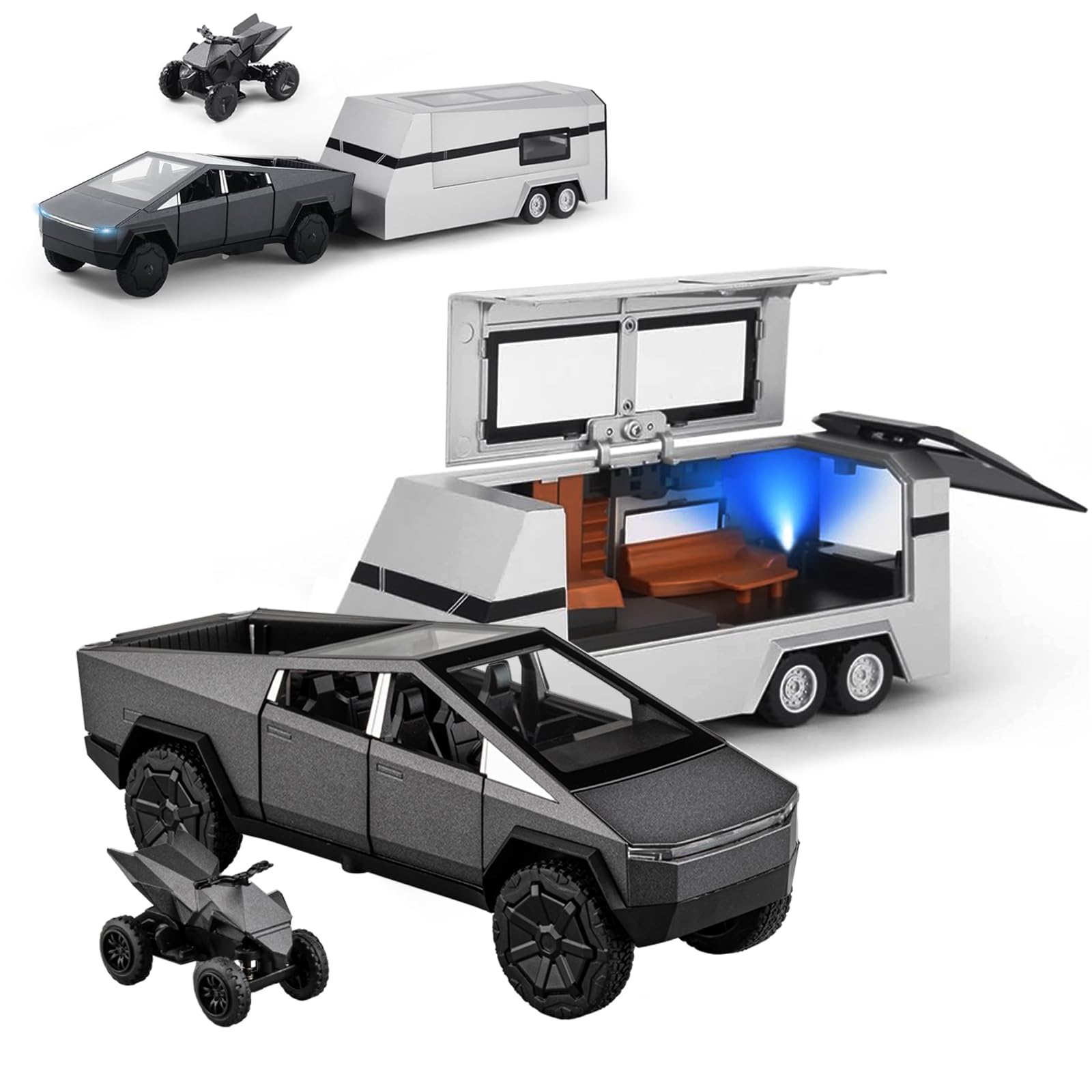 Photo 1 of 1:32 Scale Die-Cast Vehicle Set: Including Pickup Trucks, RVs, Motorcycles and Other Models, with Sound, Light and Pull-Back Functions, Suitable as a Gift for Both Children and Adults (Black-Gray)
