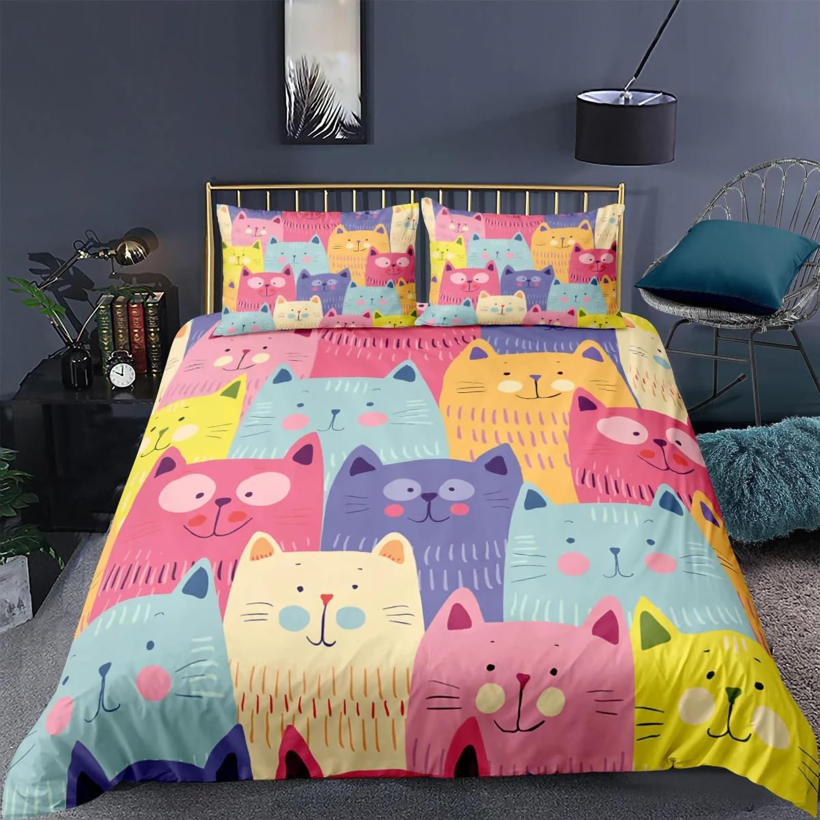 Tabeskly Kids Girls Cartoon Cat Cute Soft Zipper Bed Bedding Duvet Cover Set Double Multicolor 200×200cm