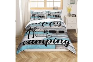 Camper Bedding Set King Happy Camping Comforter Cover Retro Rustic Farmhouse Bedding Summer Camp Car Duvet Cover For Kids Tee