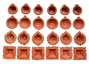 Upping™ Multi Designed Clay/Mitti Diya for Diwali Puja Standard Size Traditional Hand Made Deepak for Home Diwali Decoration with Cotton Wick Batti (Pack of 24)