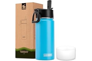 koodee Water Bottle With Straw 16 oz Stainless Steel Double Wall Vacuum Insulated Wide Mouth Water Bottle Flask with Leakproof Straw Lid (Sky Blue)