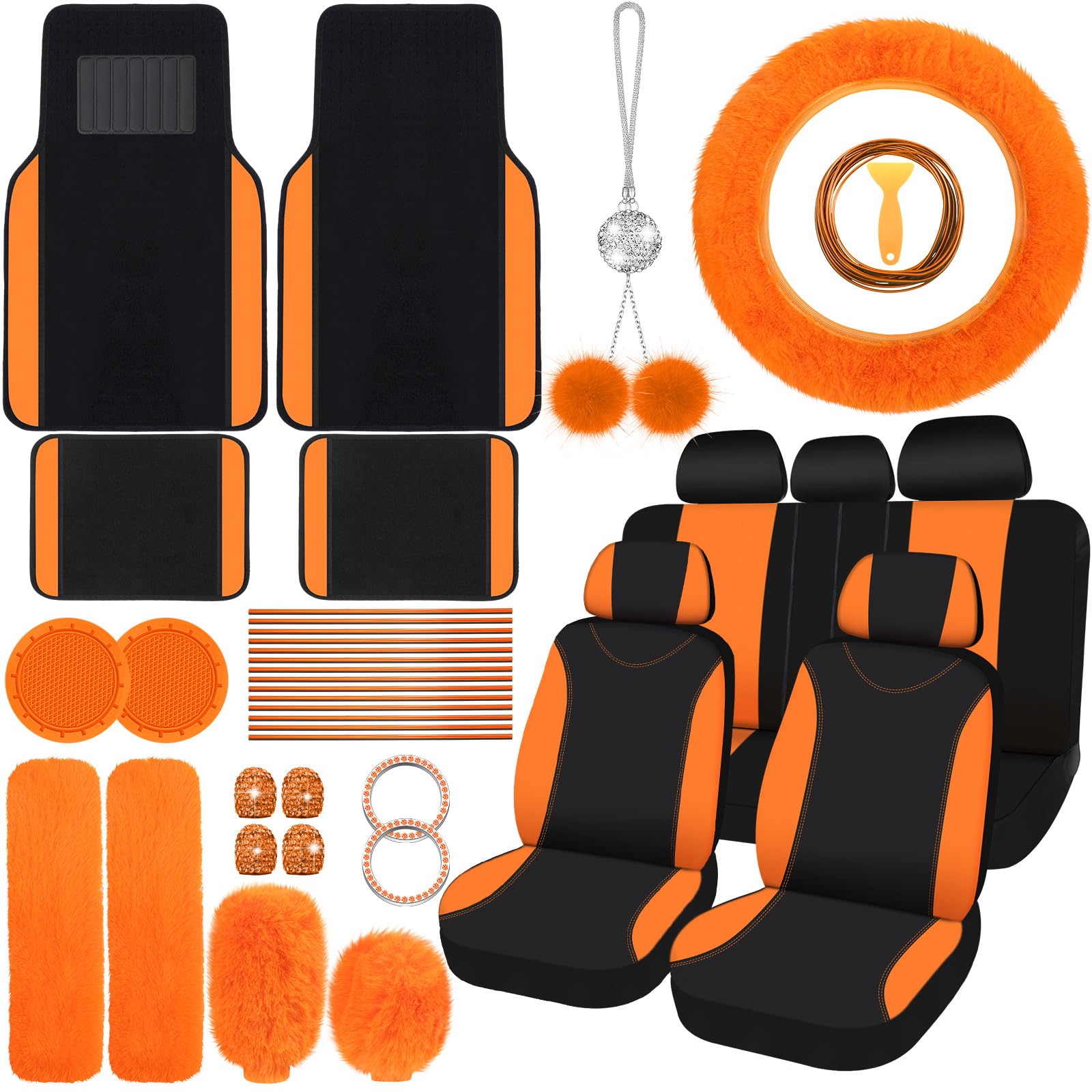 Photo 1 of Woanger 47 Car Seat Cover Full Set for Women Included Car Front Rear Seat Fluffy Steering Wheel Cover Belt Automotive Floor Mats Air Conditioner Decoration Strip Universal