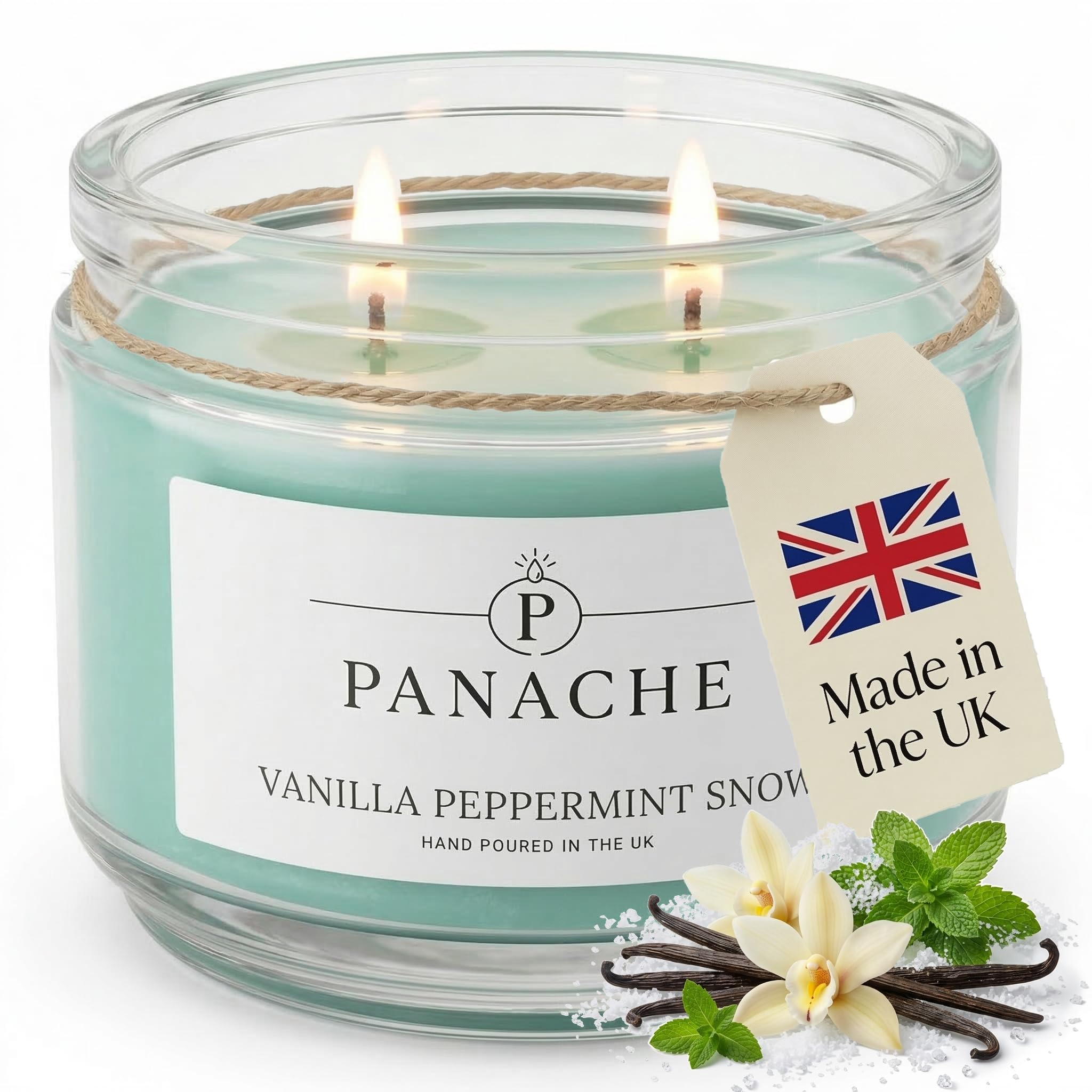 Panache Vanilla Peppermint Snow Scented Candle – Double Wick Soy Wax Candle, 48 Hour Burn Time, Hand Poured in UK, Clean Burning Cotton Wicks, Luxury Glass Jar Candle for Home Fragrance & Gifts (320g)