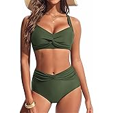 Hanna Nikole Women's High Waisted Bikini Sets, Tummy Control 2 Piece Swimsuits, Full Coverage Knot Front Bathing Suit