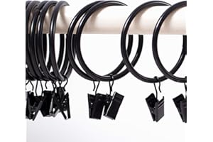 KINJOEK 60 PCS 2 Inch Curtain Rings with Clips and Eyelet, Interior Diameter Rustproof Metal Drapery Rod Loop with Strong Hooks for Room, Bathroom and Parlor Window, Black