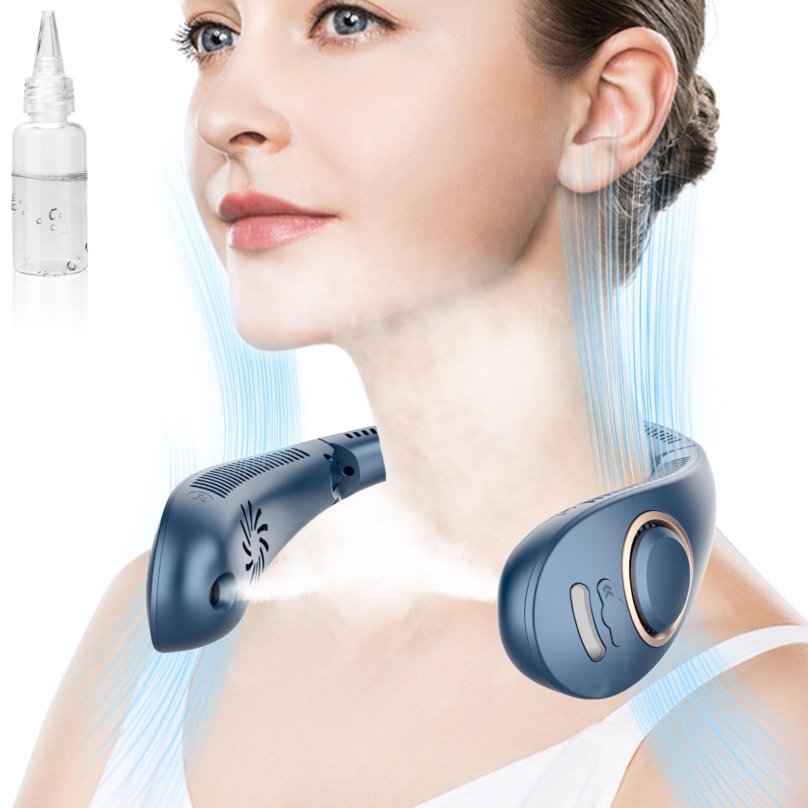 Photo 1 of Neck Fan with Mist Spray,Bladeless Folding Neck Fans that Blow Cold Air,Portable Necklace Fan Rechargeable Battery Operated Quiet Cooling Device,Wearable Hands Free Fans for Women Men Kids Blue