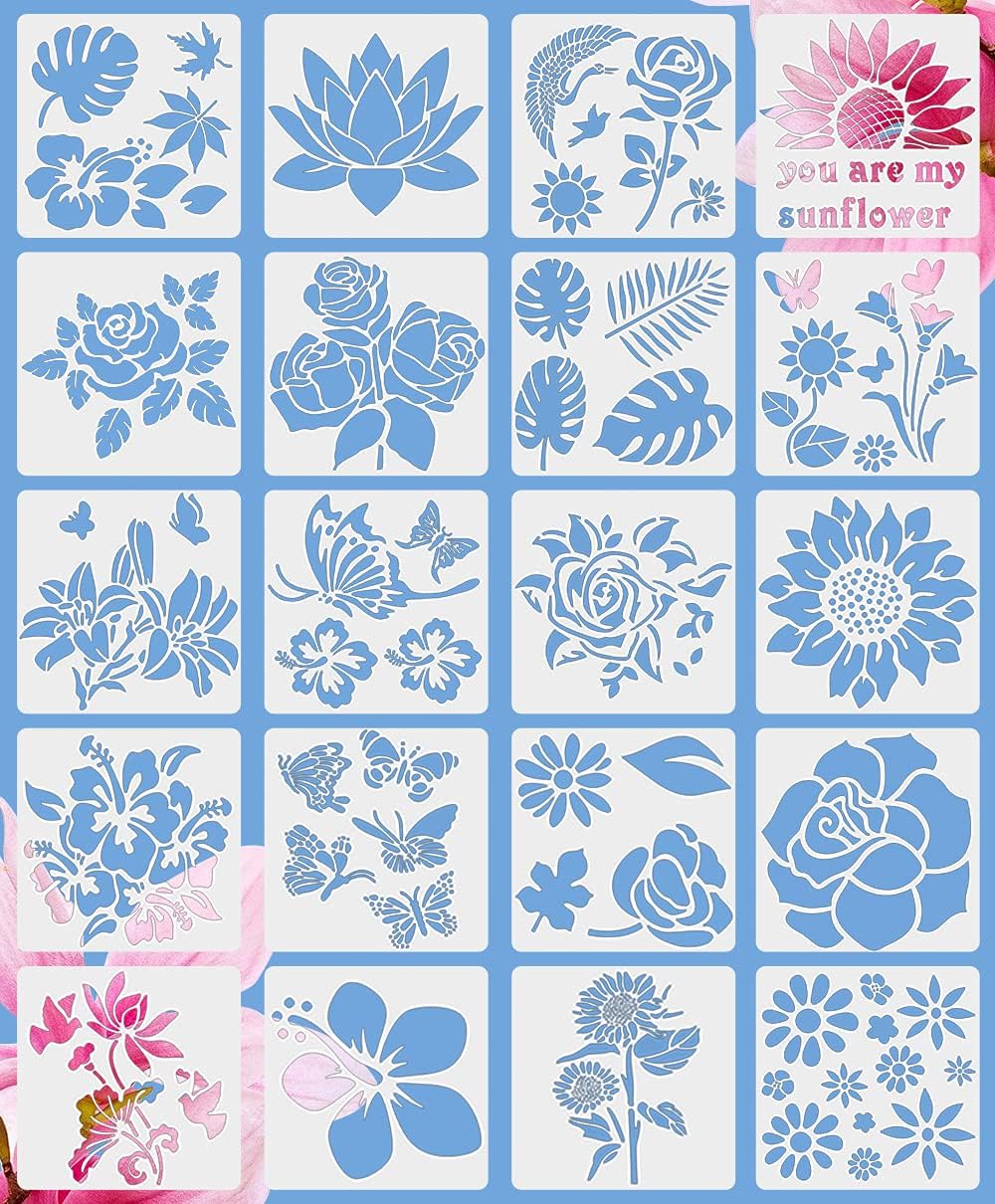 20 Pieces Flower Stencil Flower Drawing Stencils in Different Patterns DIY You are My Sunflower Theme hollowout Template Durable Artists' Drawing and Lettering Aids (7.87 x 7.87 Inch) : Kitchen & Dining
