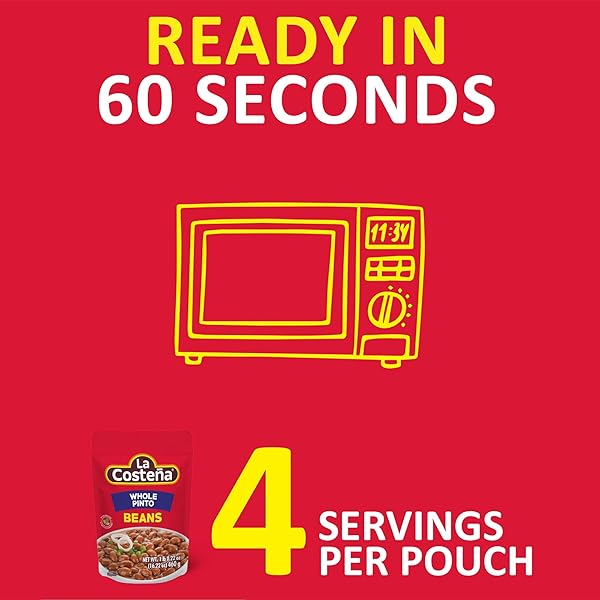 LA COSTEÑA WHOLE PINTO BEANS – 60 SECOND MICROWAVE READY TO EAT MEALS – MEXICAN FOOD, VEGETARIAN CHILI INGREDIENTS, BEAN DIP, BEAN BURGER, BURRITO & VEGAN PROTEIN SALAD – 16.22OZ, 8 PACK POUCHES
