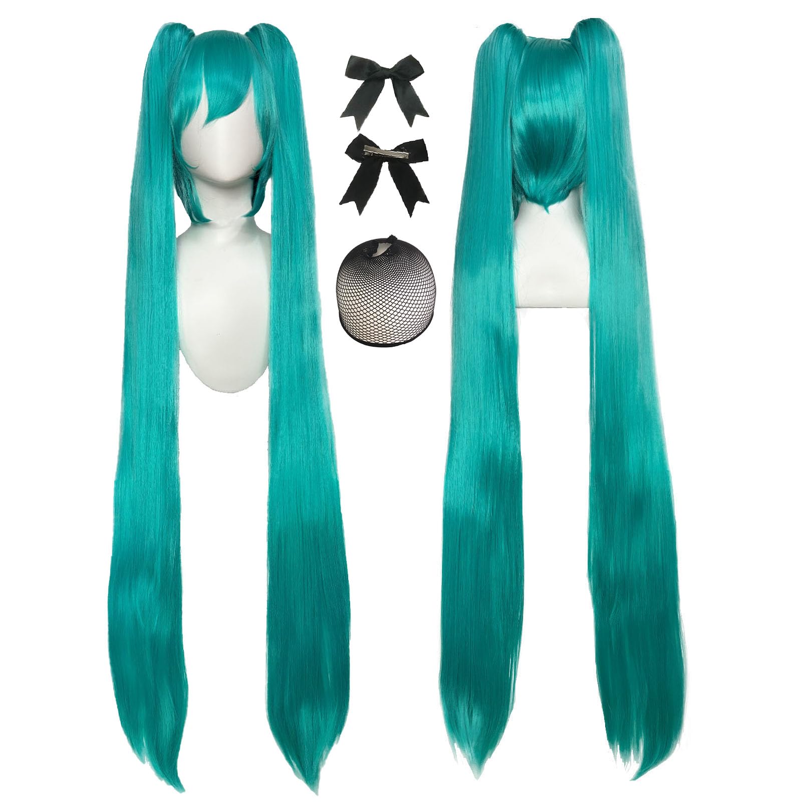 Photo 1 of CICIBOLAYEZ 47inches/120cm Green Cosplay Wig with 2 Ponytails Long Straight Wigs with Bangs Synthetic Hair for Halloween Costume Party Cosplay Wig with 2 Bowknot Accessories