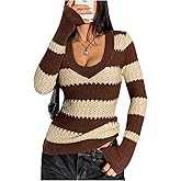 SOLY HUX Women's Color Block Knit Sweater Striped Scoop Neck Fitted Long Sleeve Shirts Fall Clothes