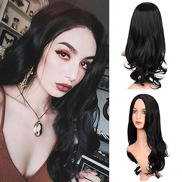 Stamped Glorious Black Wavy Wig For Women Long Middle Part Wigs