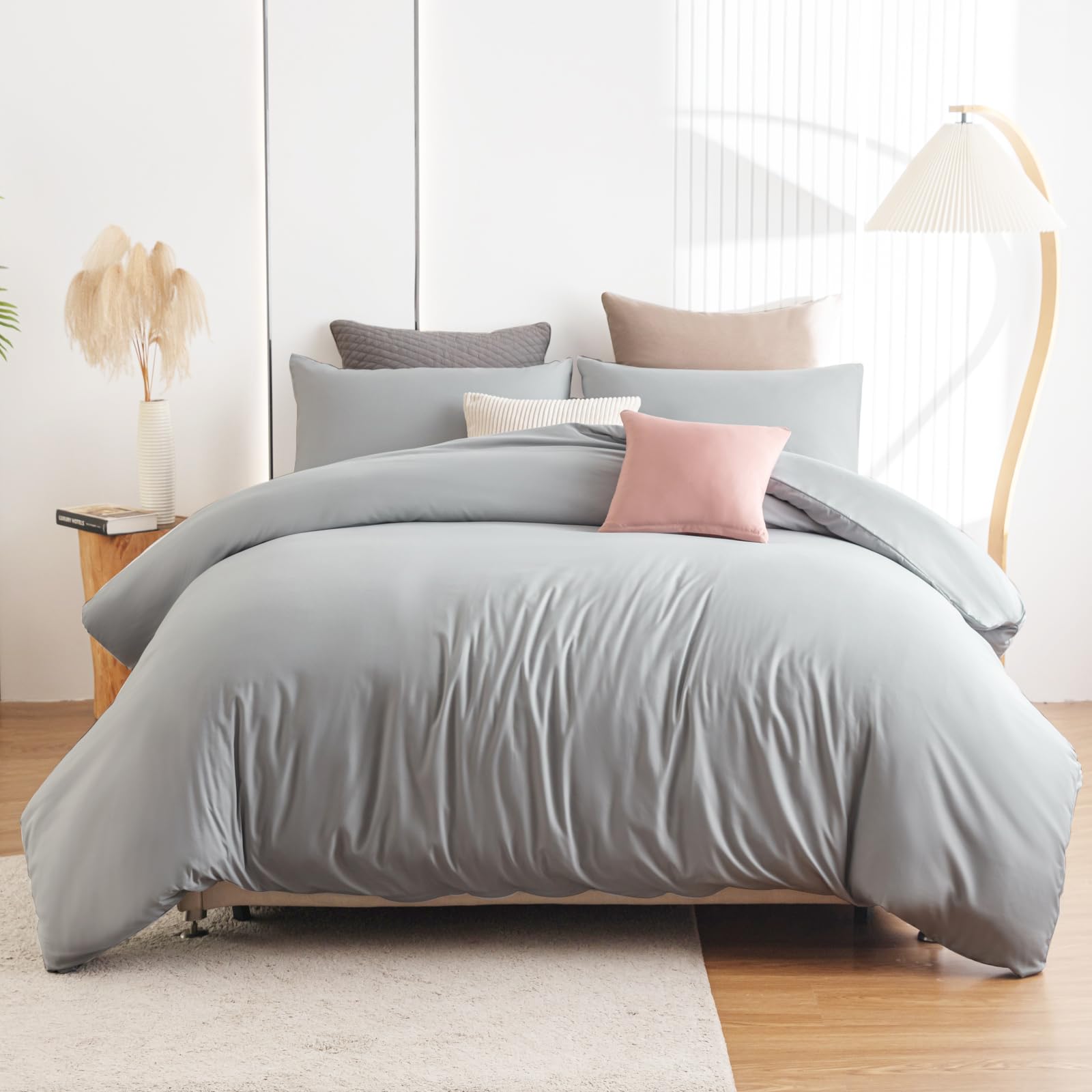 Soifox King Size Duvet Cover Set - Grey Bedding Set Kingsize Bed with Zipper Closure, Soft Microfiber Duvet Cover with 2 Pillowcases, Gray — image 1