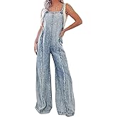 CHARTOU Women Loose Fit Denim Jumpsuit Adjustable Straps Wide Leg Long Pants Frayed Jean Overalls