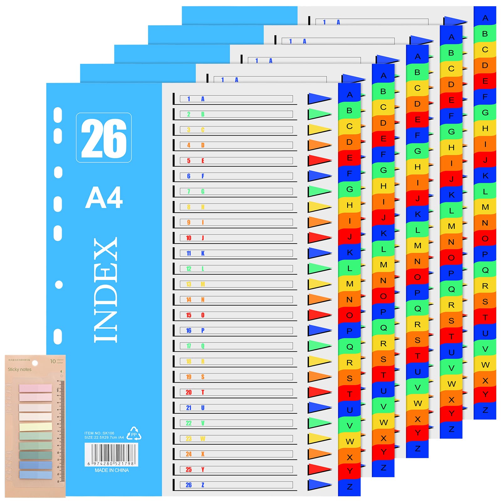 File Dividers A4 26-Part, 5 Pack Plastic Letter A-Z for Lever Arch Files, Binder Ring Binders Wide Color Tabs Multipurpose Porous Index School, Home, Office,(JTOO-G200)