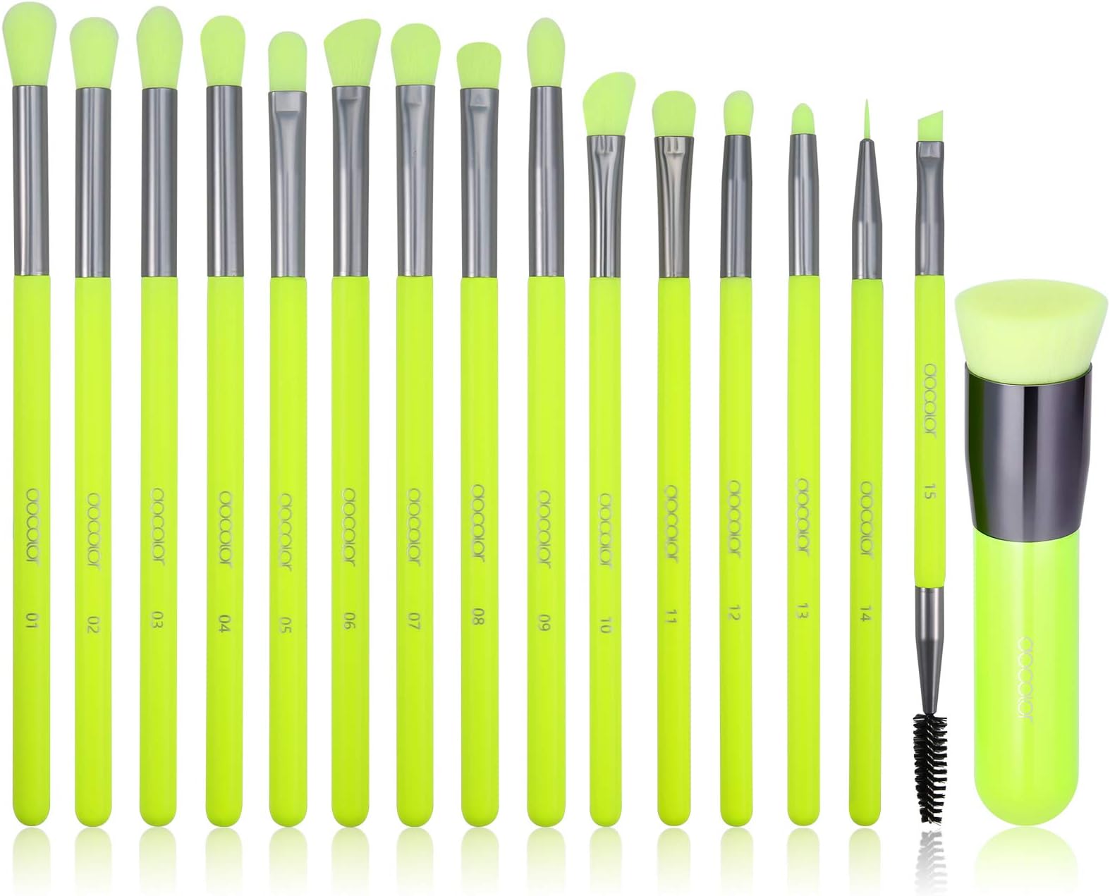 docolor15 Pcs Eyeshadow Brushes + Flat Top Kabuki Foundation Brush Professional Makeup Brushes Eye Shadow Concealer Eyebrow Eyelash Eye Liners Blending Make Up Brushes with Wooden Handles Neon Green
