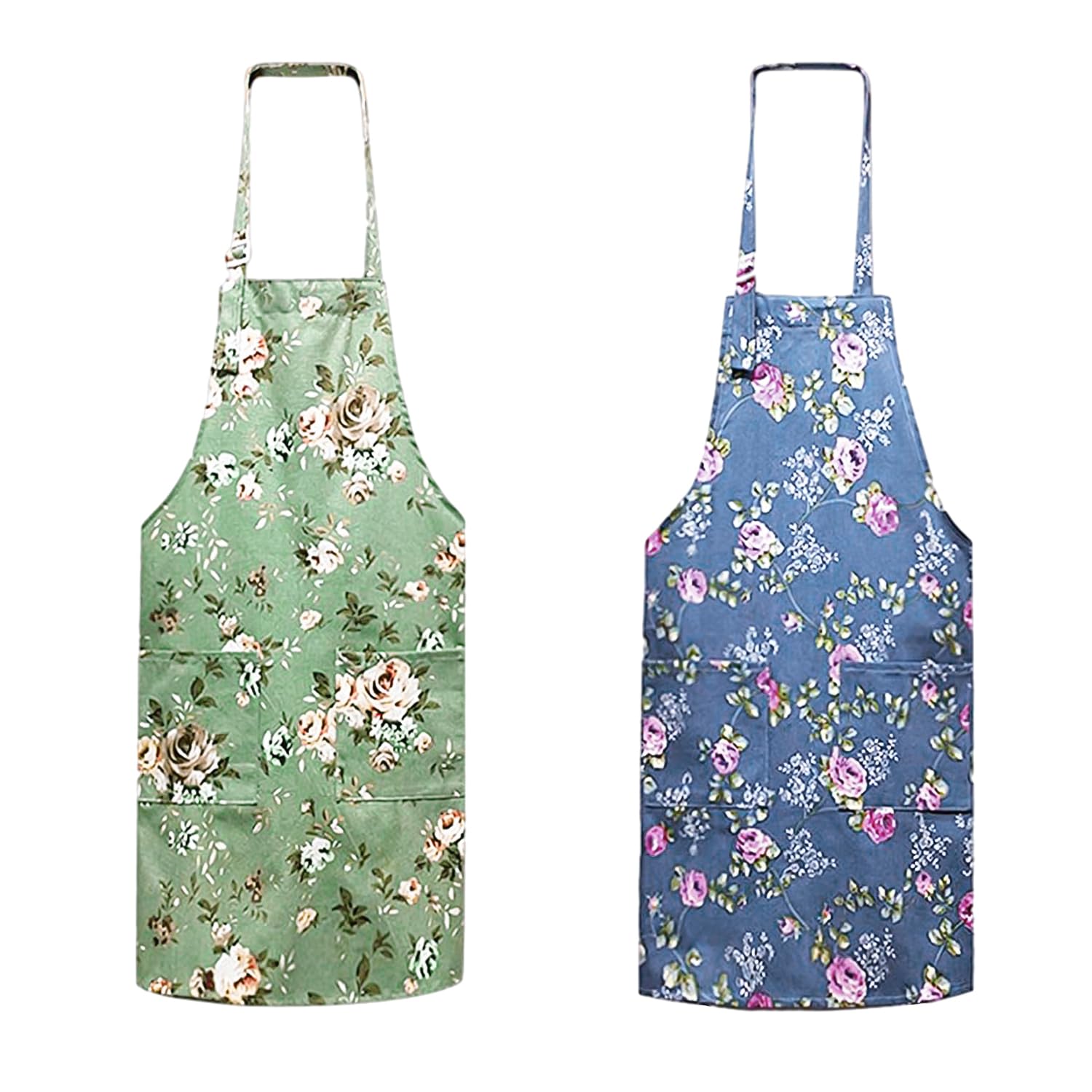 MEMOFYND Women's Floral Kitchen Aprons, Vintage & Baking Aprons with 2 Pockets (Blue, Green)