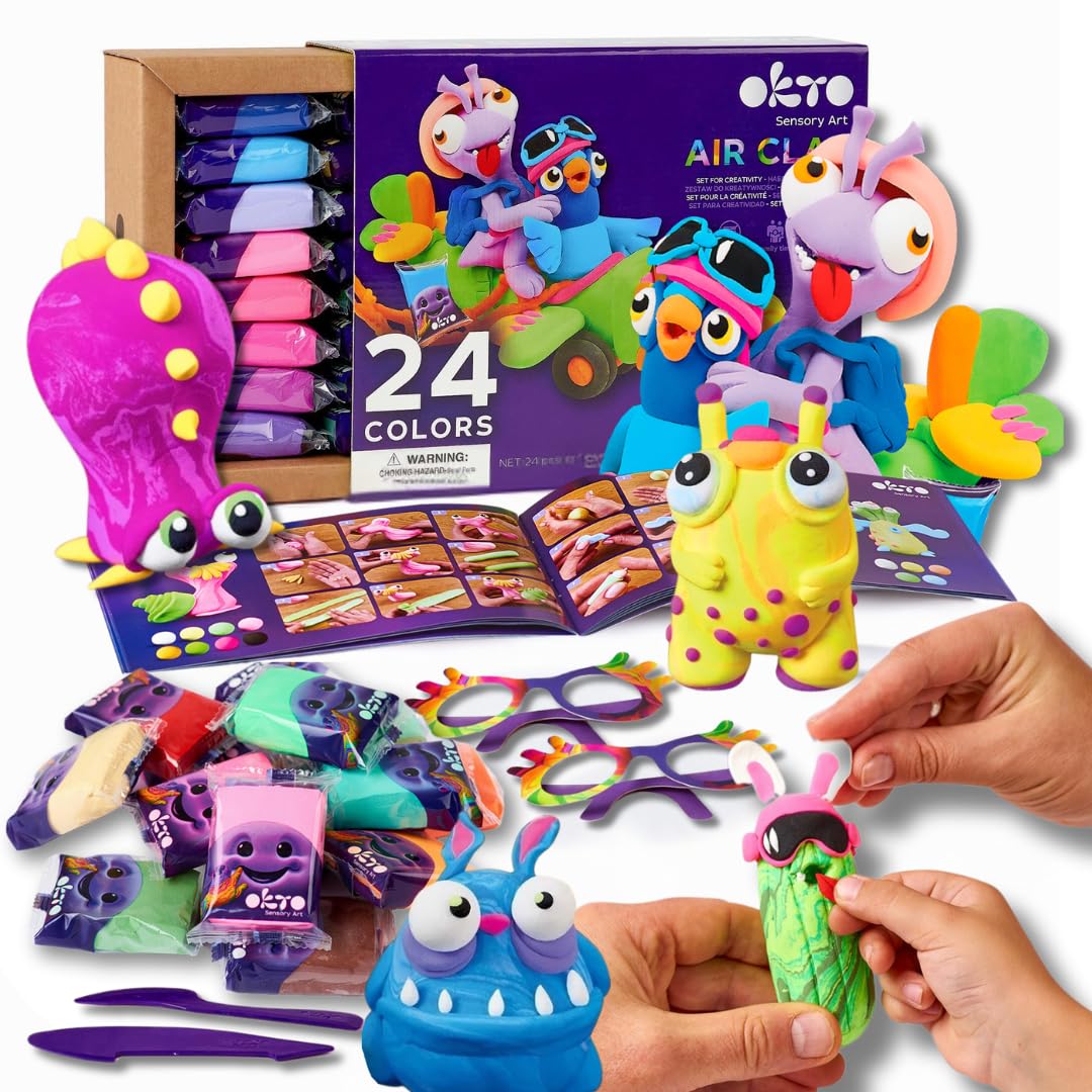 Okto Air Dry Clay Craft Set for Kids | 24 Pack Colourful Air Clay Modelling Kit with Tools, Glasses, Storage Bags & Guide | Non-Sticky Children's Sensory Art Clay for Ages 5+ | Fun Creative DIY Crafts
