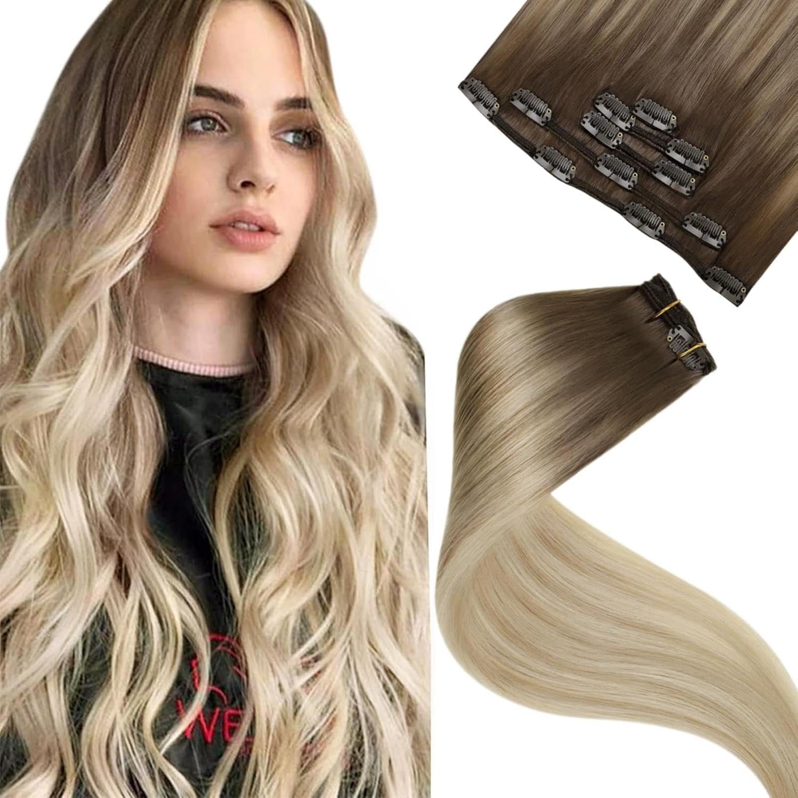 LaaVoo Clip in Hair Extensions Real Human Hair Blonde Hair Extensions Clip in Balayage Light Brown to Ash Blonde Straight Remy Hair Full Head Double Weft 80g 5pcs 20 Inch #8/18/60 — image 1