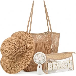 Hsei 4 Pcs Beach Gifts Set for Women Beach Tote Bag, Sun Hats, Makeup Bags, Handheld Fan Beaches Essentials for Summer Travel