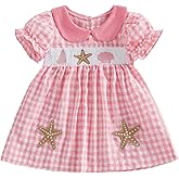 Toddler Baby Girl Summer Clothes Smocked Puff Sleeve Dress Starfish Seashell Embroidery Plaid Dresses Playwear