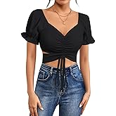 Rooscier Women's Drawstring Tie Back V Neck Ruched Puff Short Sleeve Crop Top Blouse Shirt