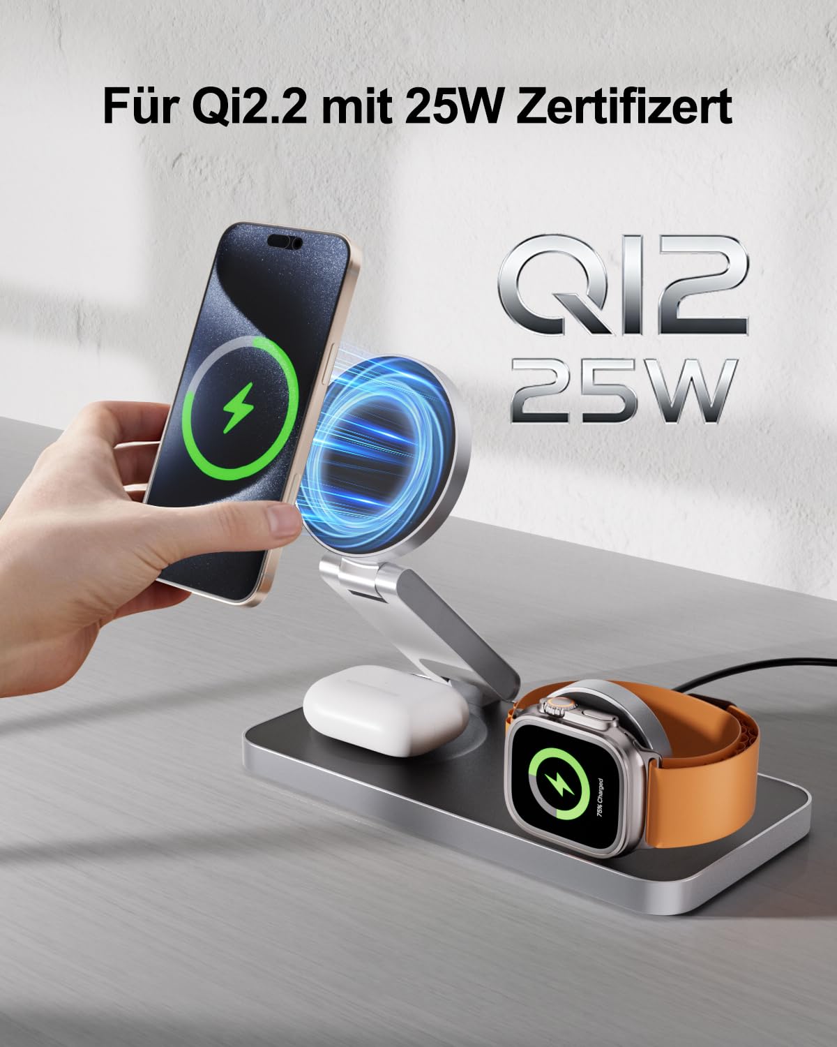 3 in 1 Ladestation mit Qi2.2 25W, Ladestation Apple Watch und iPhone Kompatibel mit Magsafe Ladestation Wireless Charger Für iPhone 17/16/15/14/13/12, AirPods, Apple Watch, mit 35W Adapter 2