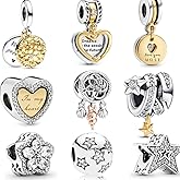 9 Pack Silver Bead Charms for Bracelets and Necklaces Charm for Woman Cubic Zirconias Dangle Pendant Jewelry Beads Set