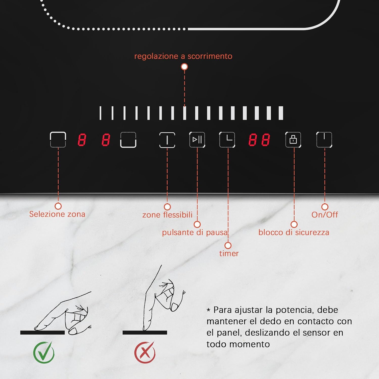 Detailed view of the Karinear induction hob's touch slider control panel, highlighting zone selection, flexible zones, pause button, timer, safety lock, and power on/off.