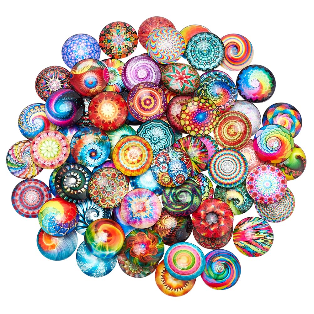 PH PandaHall 70pcs 70 Styles Swirl Glass Cabochons Colorful Rainbow Half Round Tiles 25mm Kaleidoscope Glass Cabochons Dome Gems for Photo Cameo Pendant Jewellery Making Handcrafts Scrapbooking