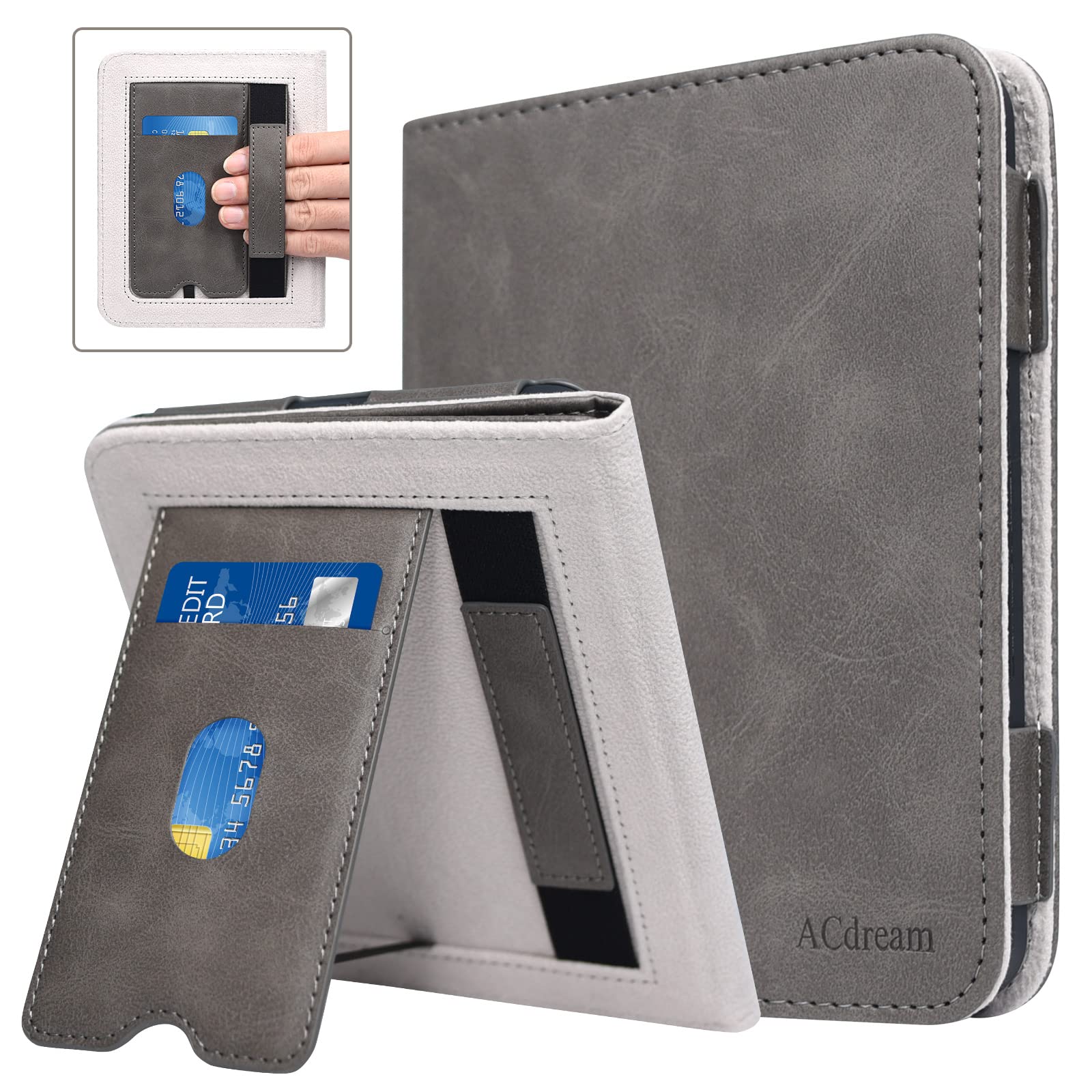 ACdream Case for Nook Glowlight 4 2021 / Nook GlowLight 4e 2022, Hands Free Stand Protective Durable Premium PU Leather Cover with Magnet Closure, Hand Strap, Card Slot,Grey